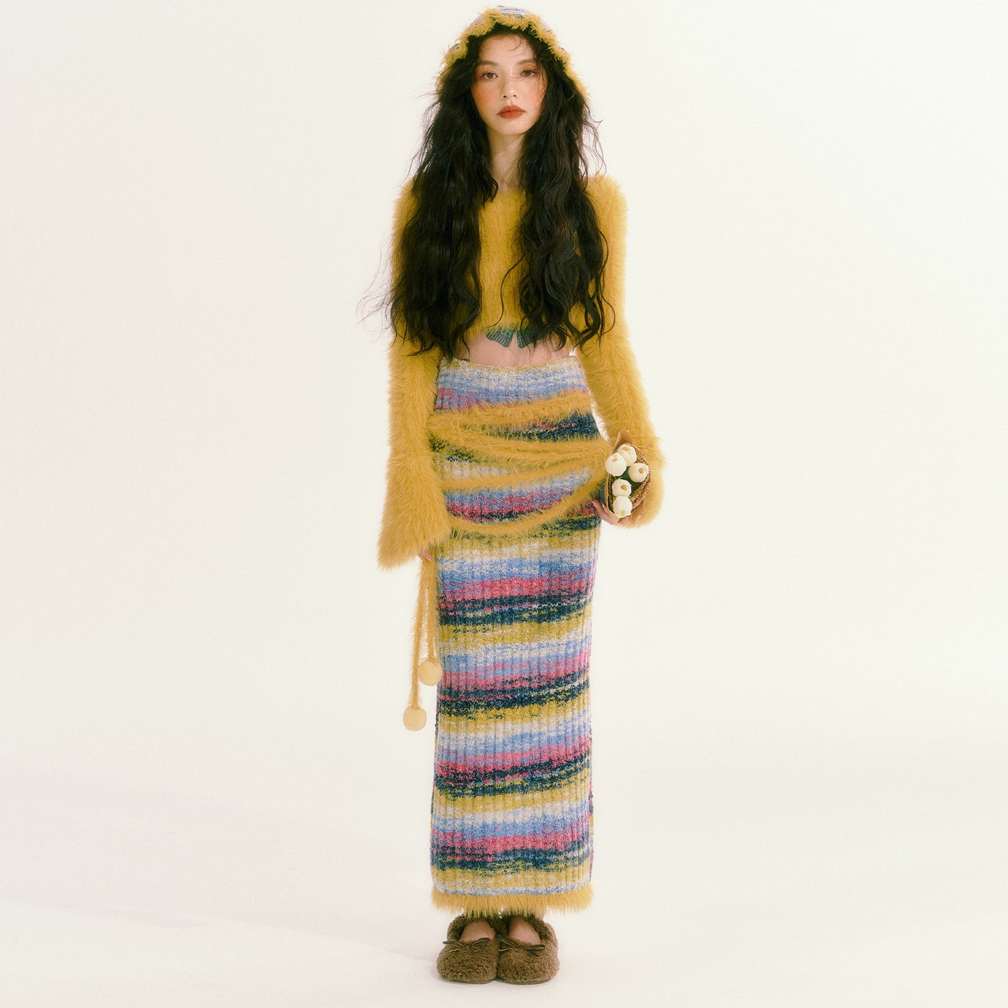 Retro Lazy Plush Knitted Long Skirt Slim Fit Set