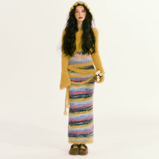 Retro Lazy Plush Knitted Long Skirt Slim Fit Set