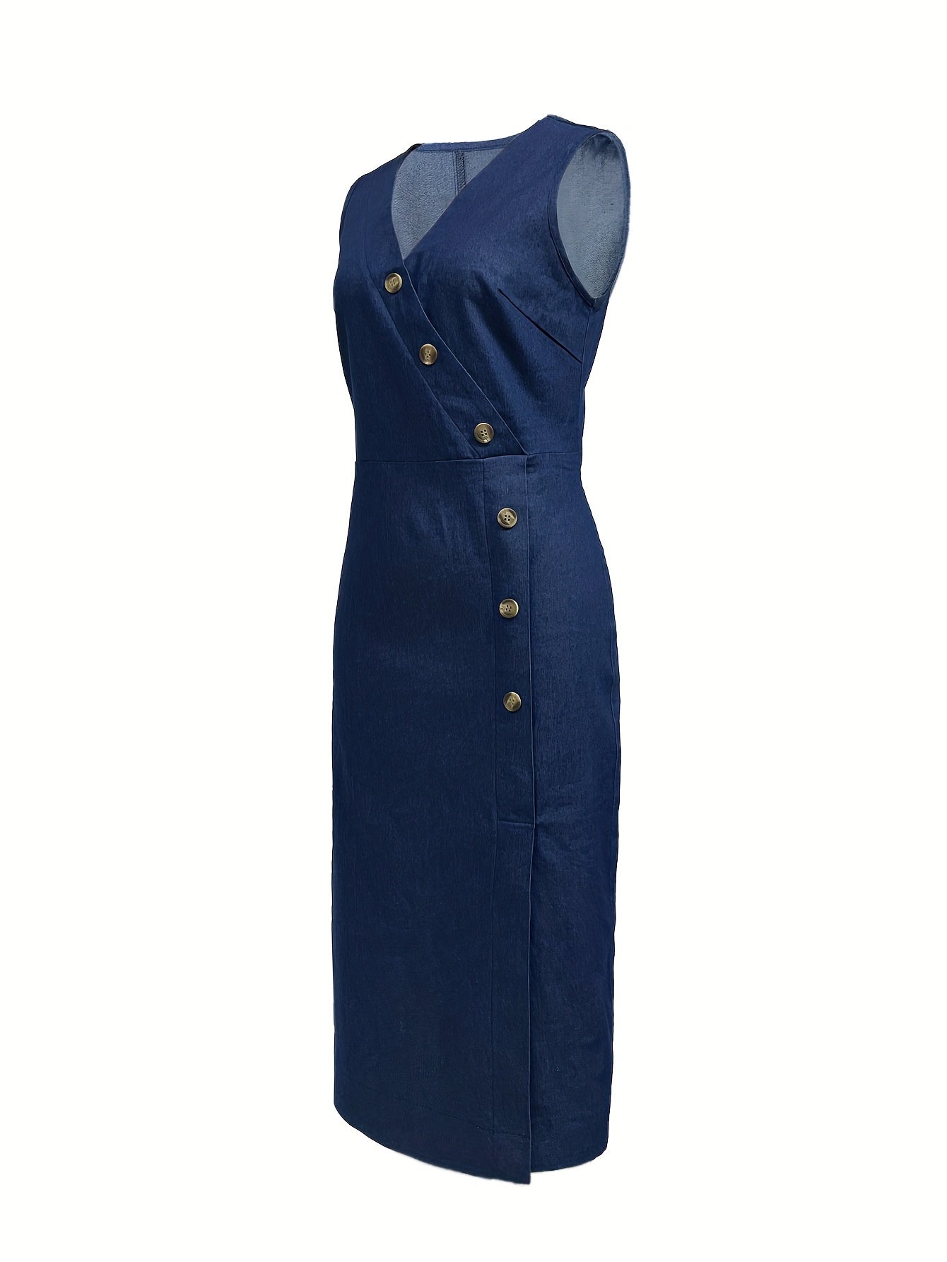 Buttons V-Neck Solid-Colour Casual Midi Dress