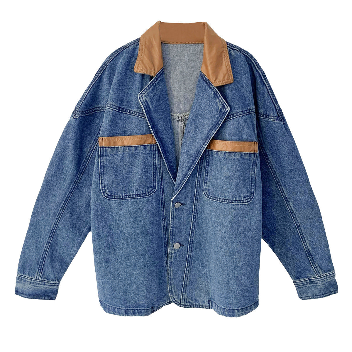 Loose PU Leather-Stitching Denim Jacket