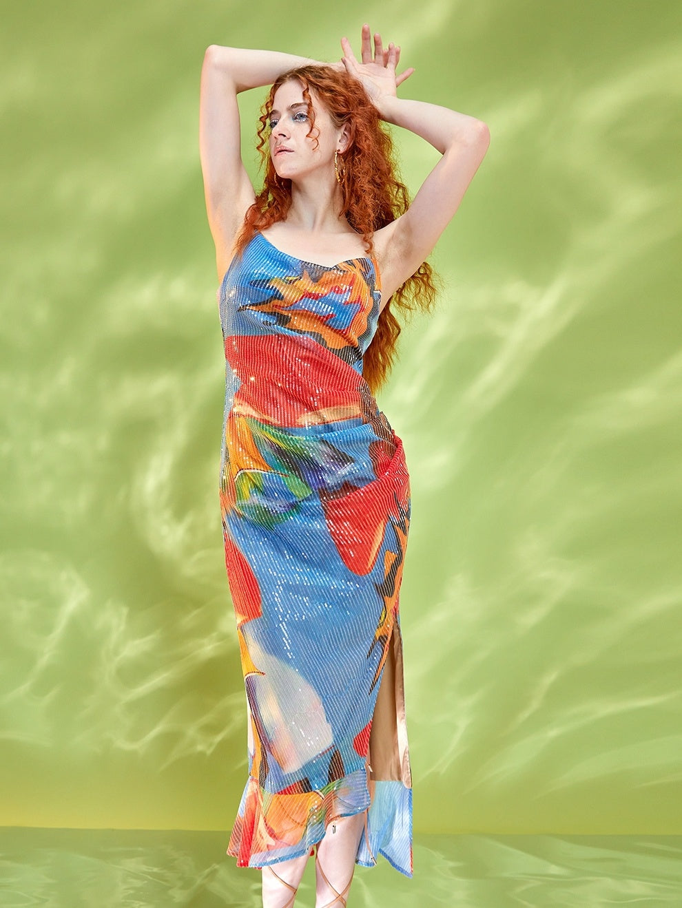 Printed Beads Split Slim-Fit Dress