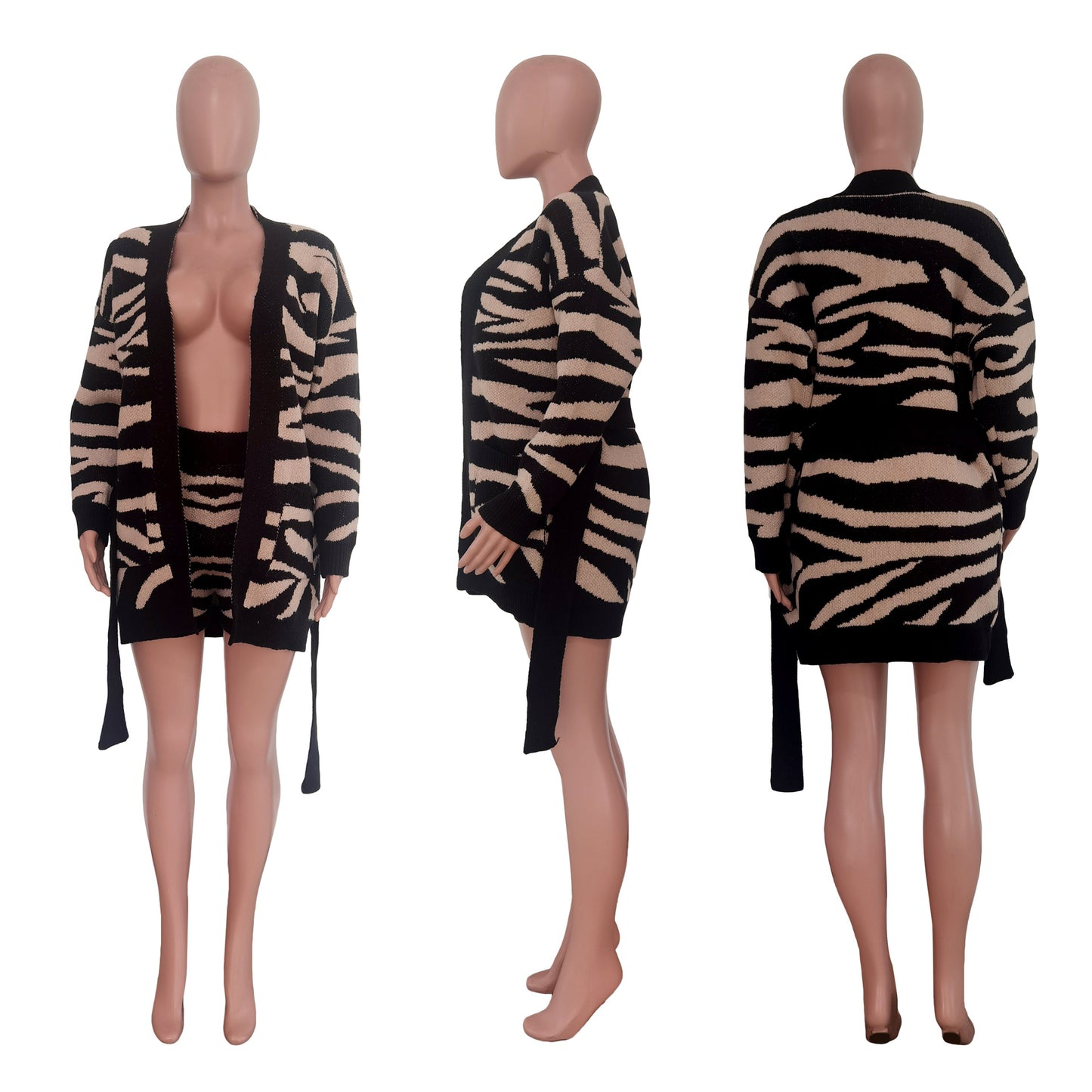 Handmade Knitted Leopard-Print Sweater Coat & Shorts Suit