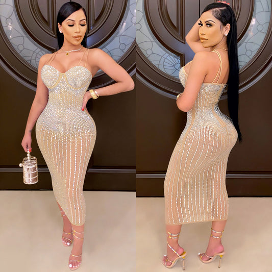 Women's Yarn See-Through Rhinestone Strap Dress