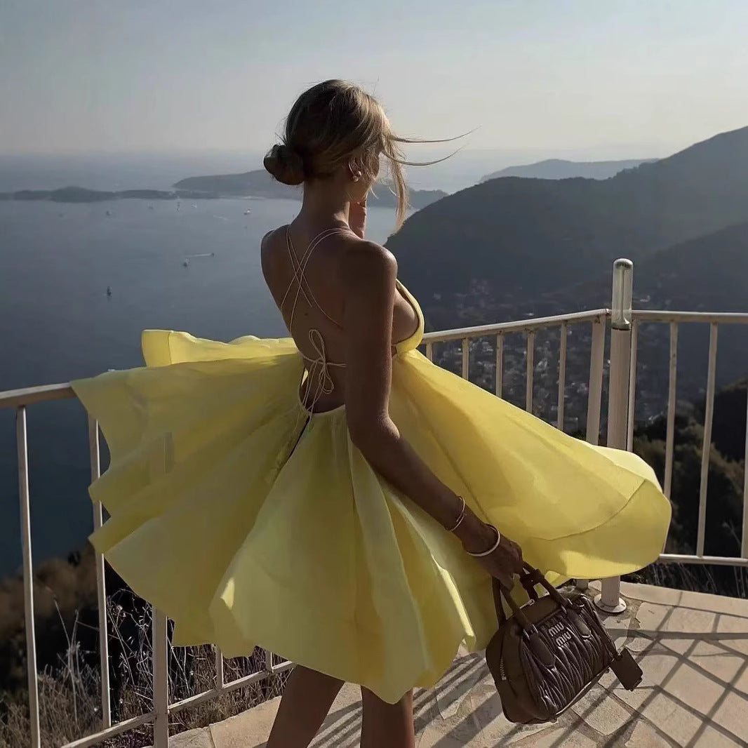 Sexy Sling Deep-V Backless Pleated Dress