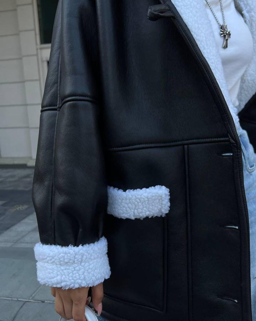 Leather-and-Fur  Long-Sleeve Splicing Coat