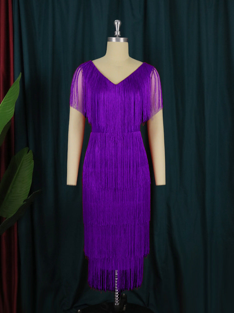 Banquet V-Neck Tassel High-Waist Dress