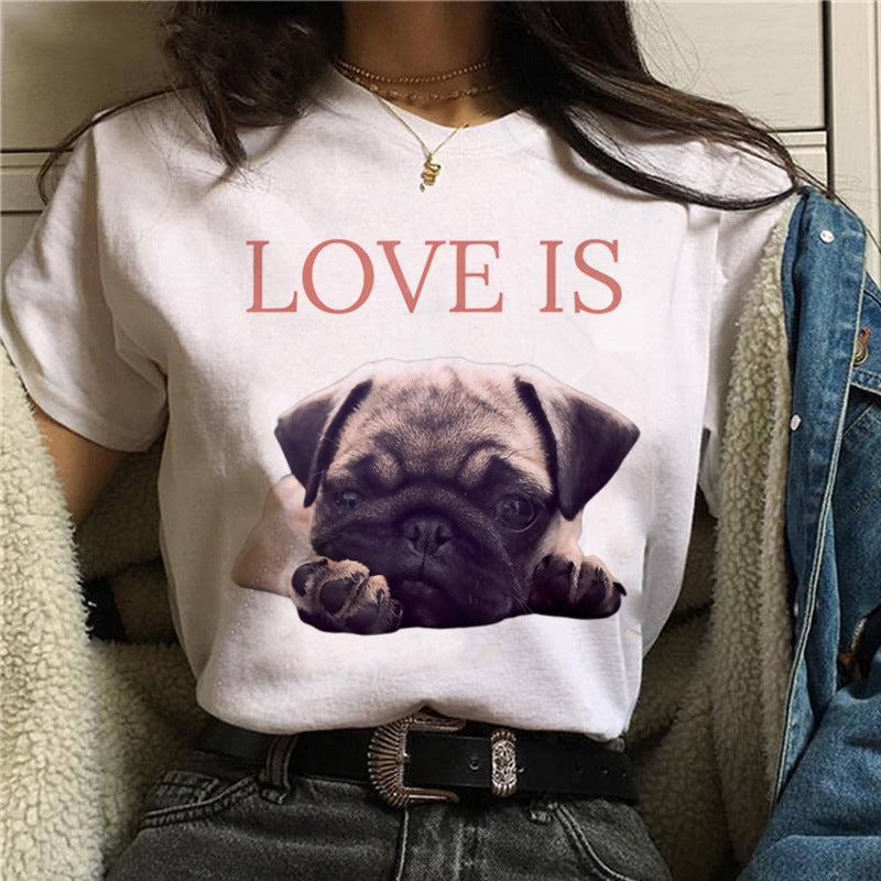 Pug Print Round-Neck Short-Sleeve Women's T-Shirt