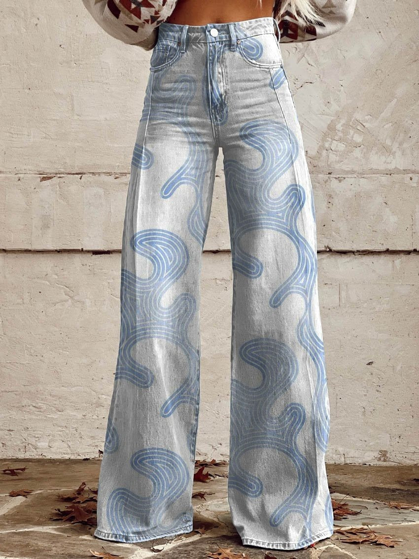 Women's 3D Printed Denim Wide-Leg Pants