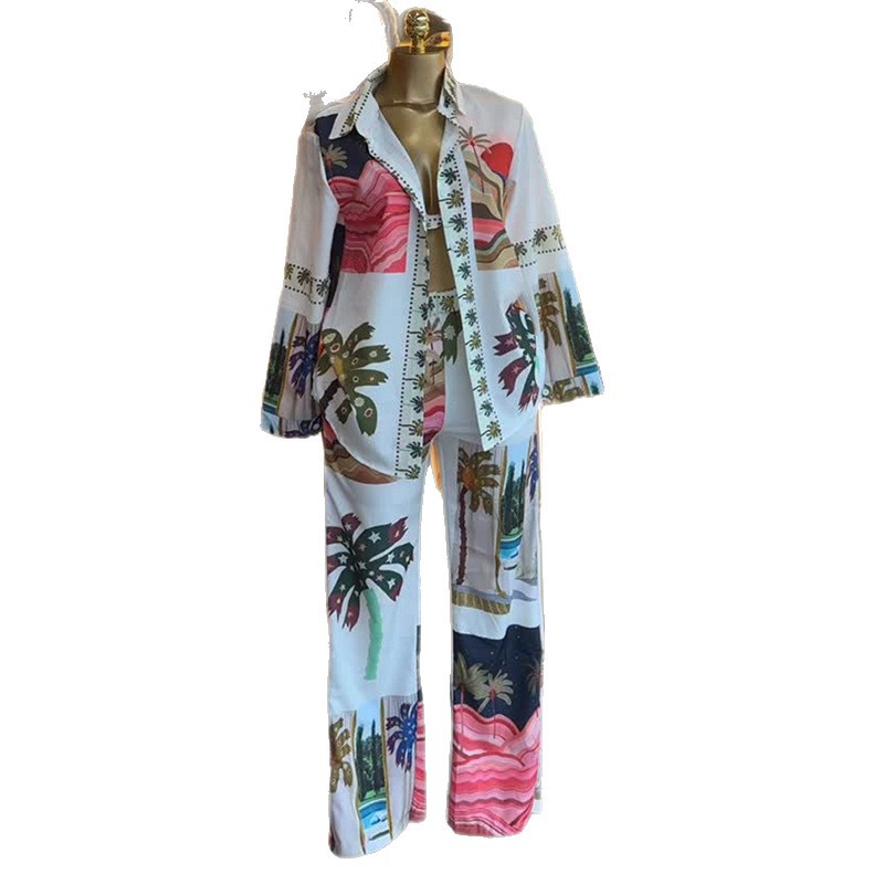 Printed Long-Sleeve Shirt Bralette & Wide-Leg Pants Set