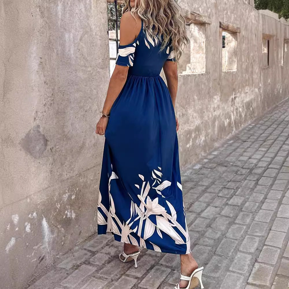 Shoulder-Baring Printed Long Dress