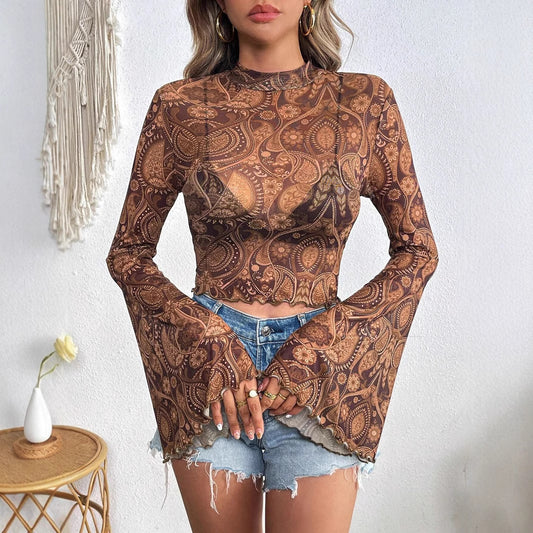 Mesh Floral Print Round-neck Flared Sleeves Long Sleeve