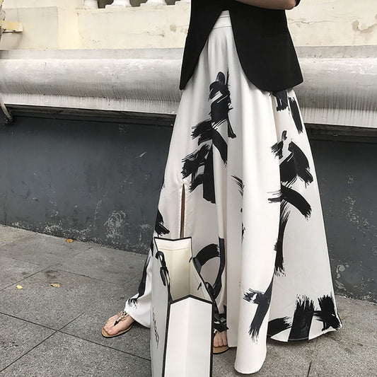 Split Ink-Print Chiffon Long Skirt