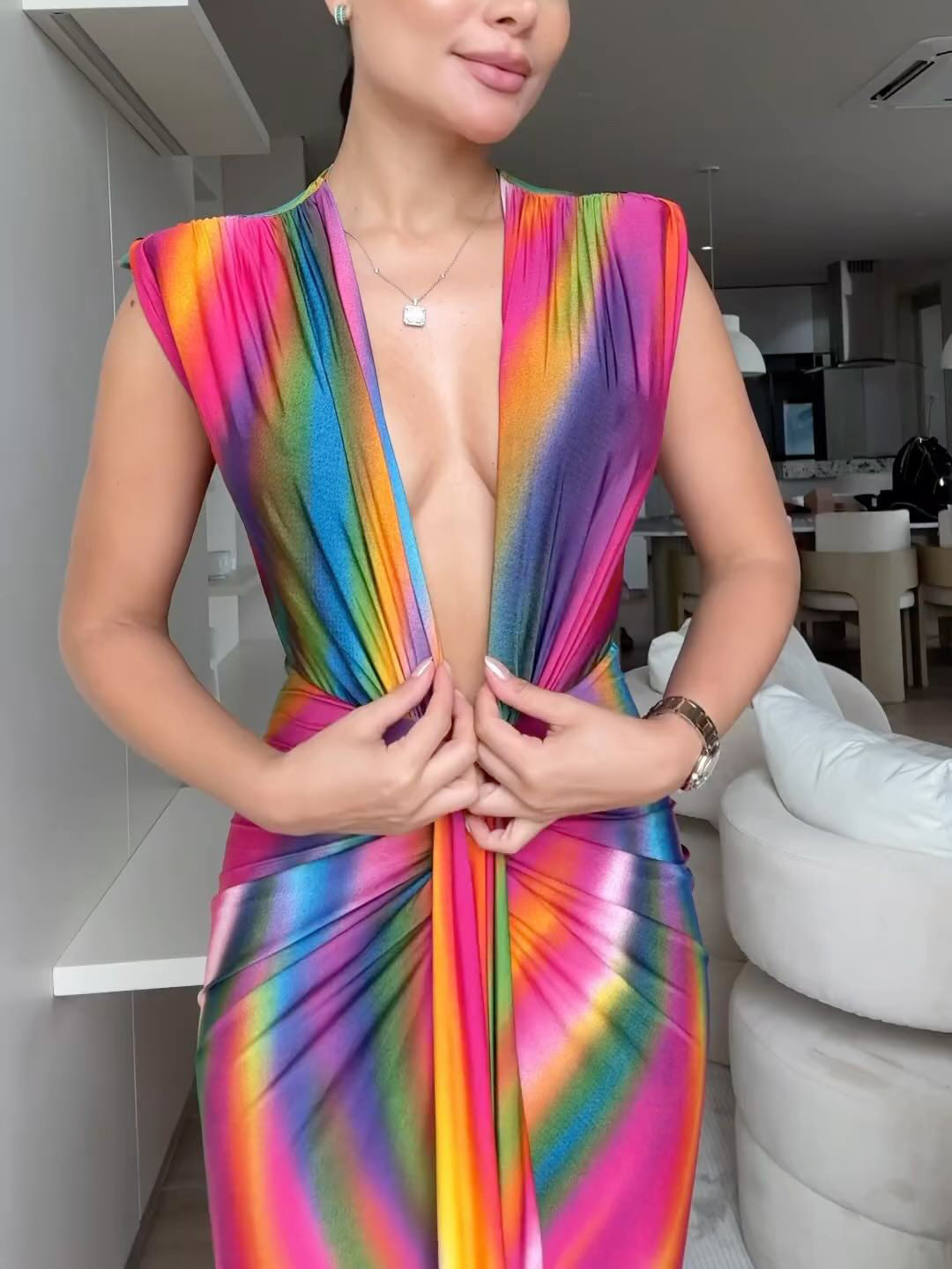 Deep V Rainbow Pleated Maxi Dress