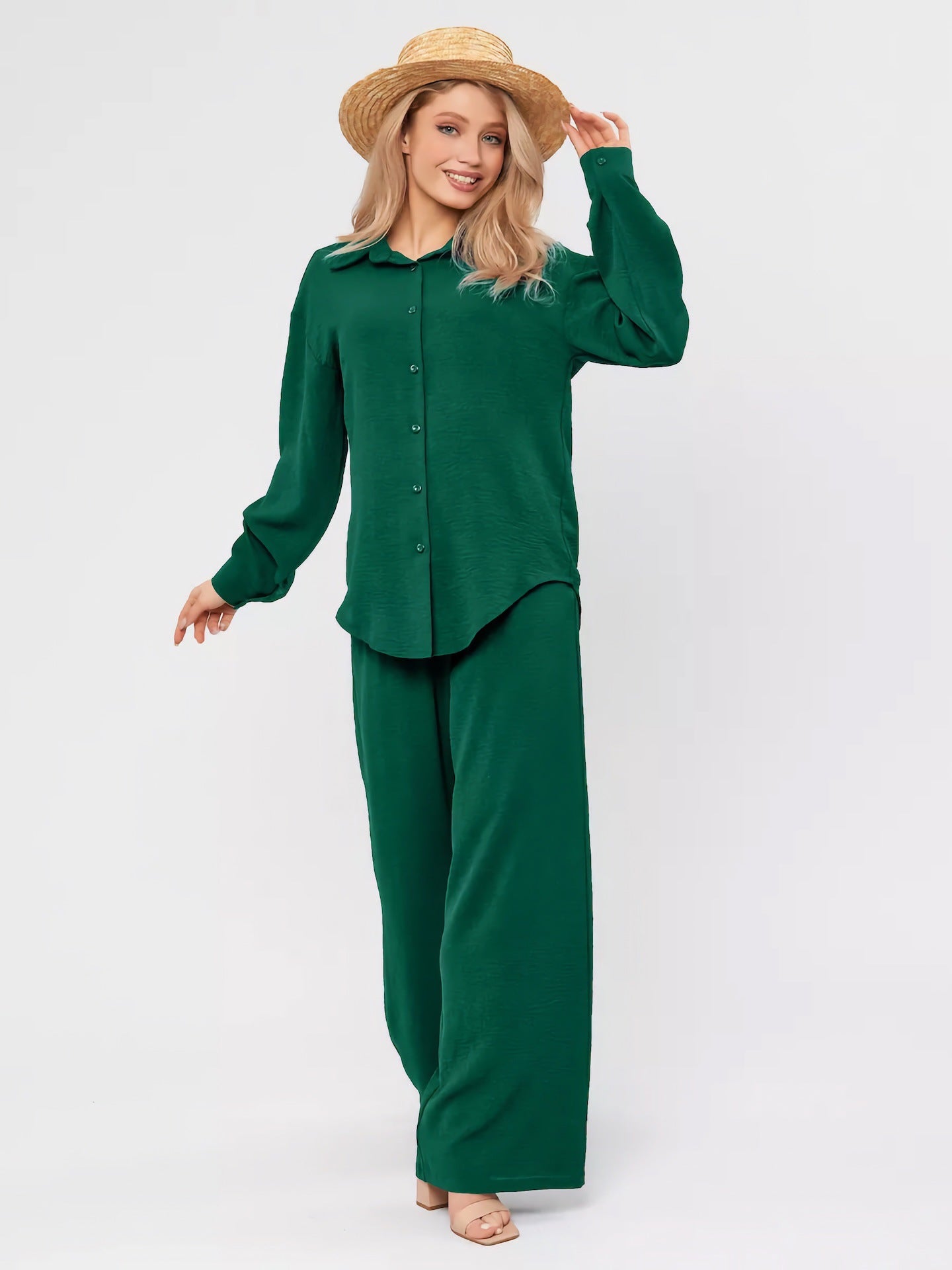 New French-style Casual Relaxed Chic Two-piece Loungewear Set Loose Commuter Shirt And Pants Suit For Women