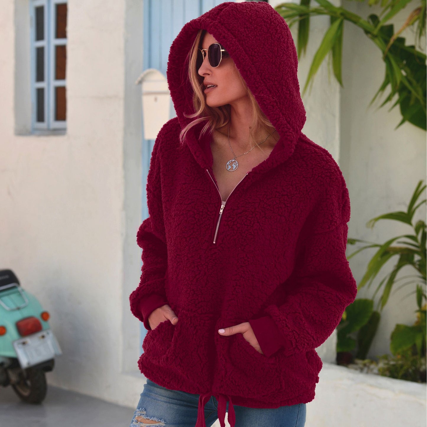 Loose Plush Pullover Socket Solid-Colour Women's Sweater Coat