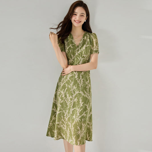 Avocado Green Chiffon Printed Tea V-neck Dress