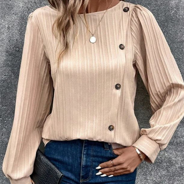 Fastener Decoration Crew-Neck Casual Solid-Colour Long-Sleeve Shirt