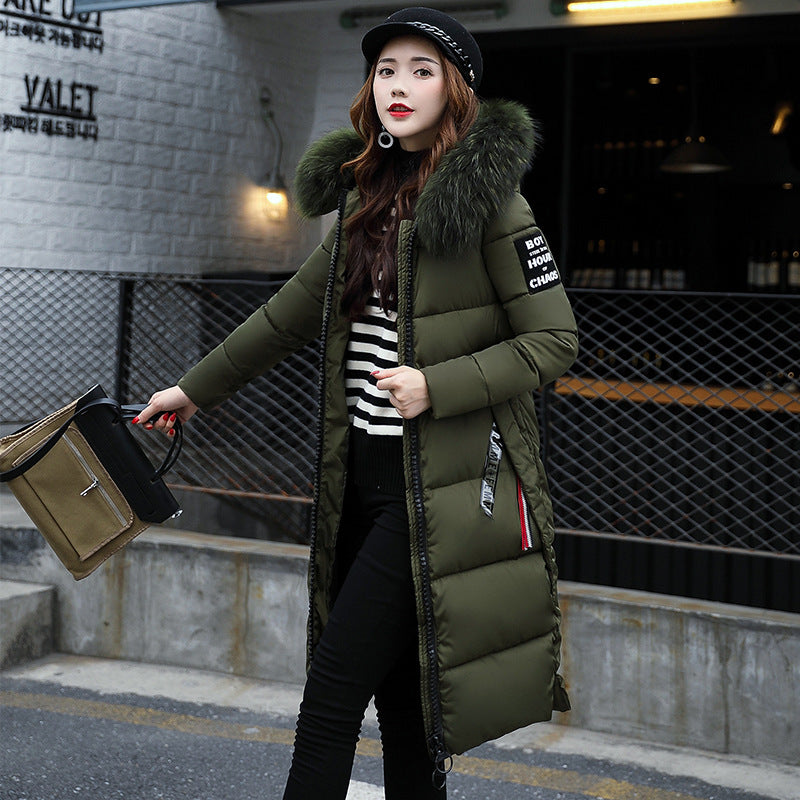 Long Hooded Fur-Collar Cotton Jacket