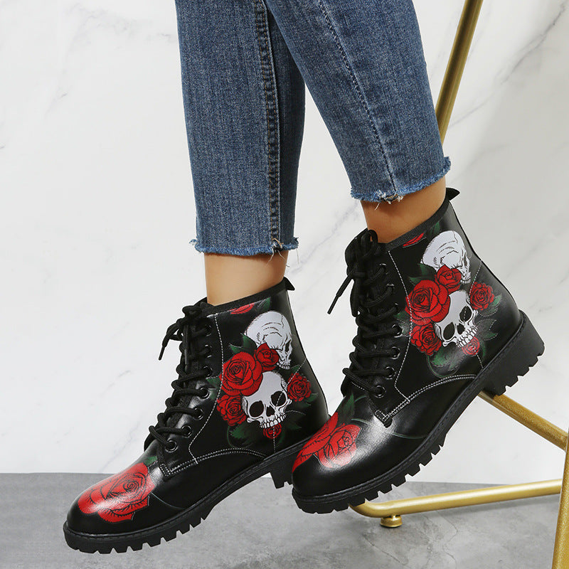 Rose Flower Print Lace-Up Ankle Boots