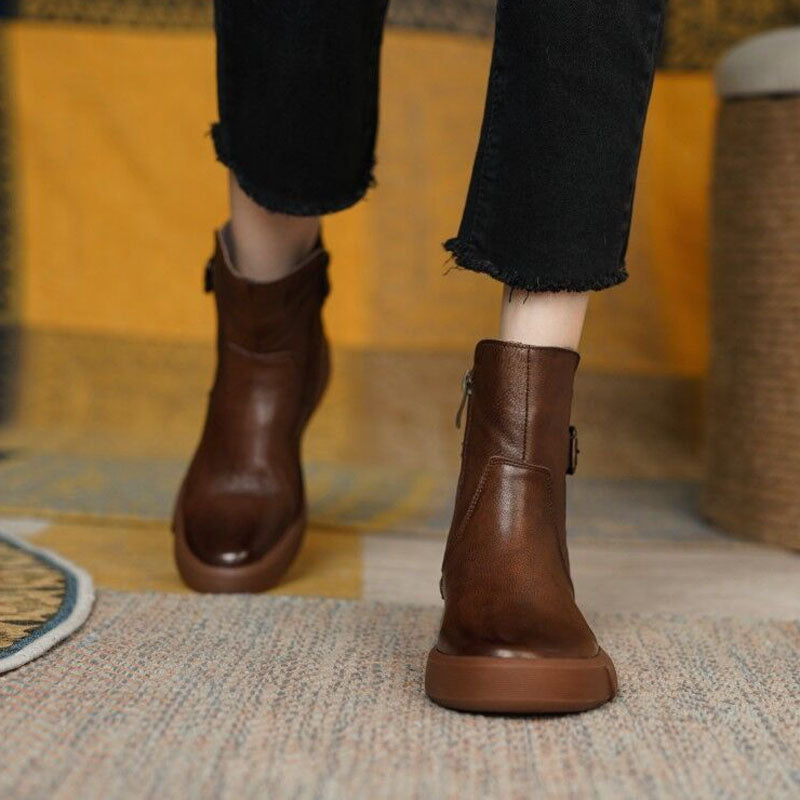 Vintage Side-Zipper Buckle Ankle Boots