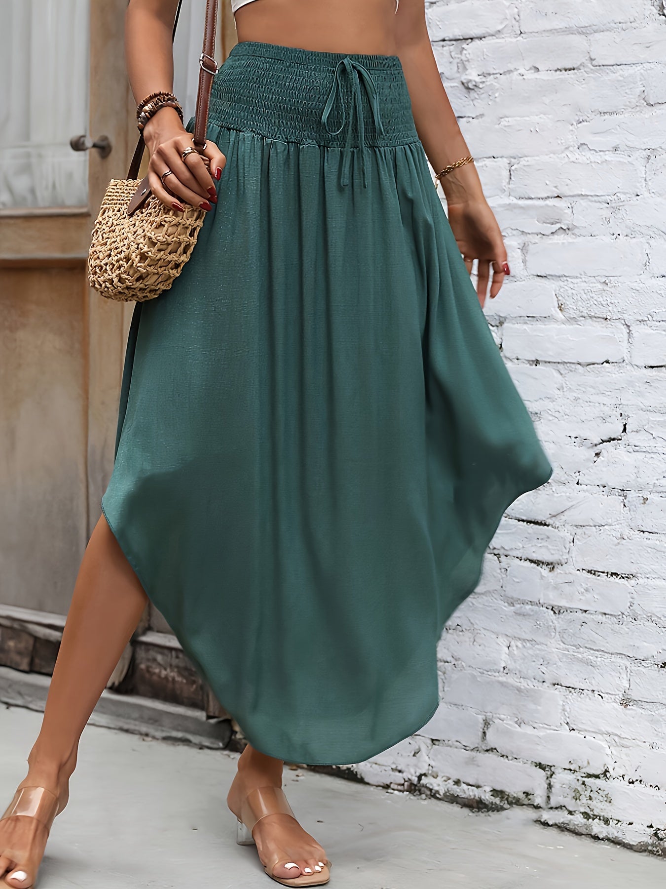 Asymmetrical Hem Tie Front Midi Skirt