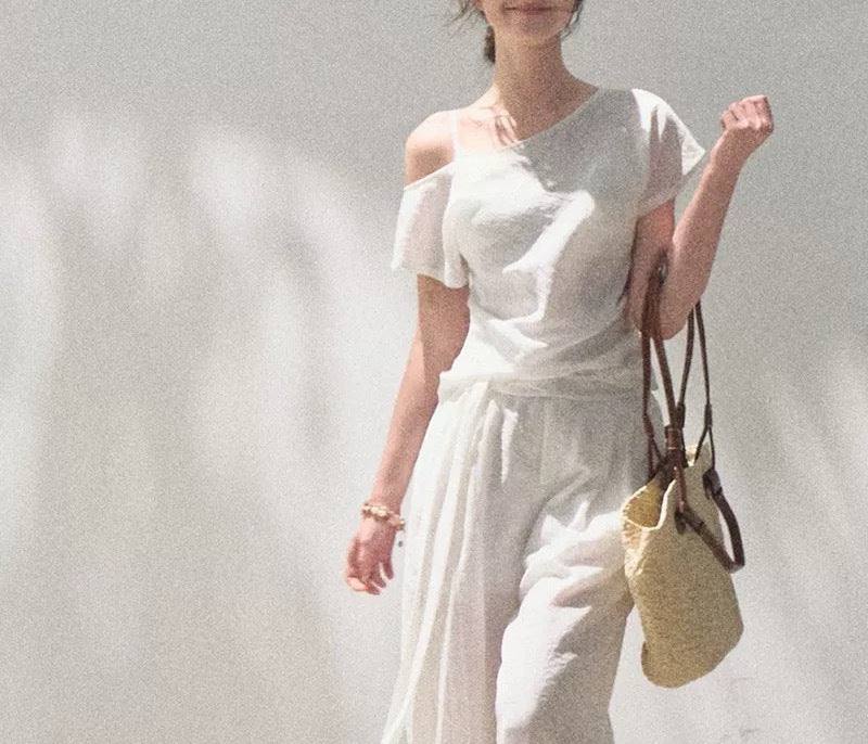 Linen Off-shoulder Short-sleeve Shirt Casual Set