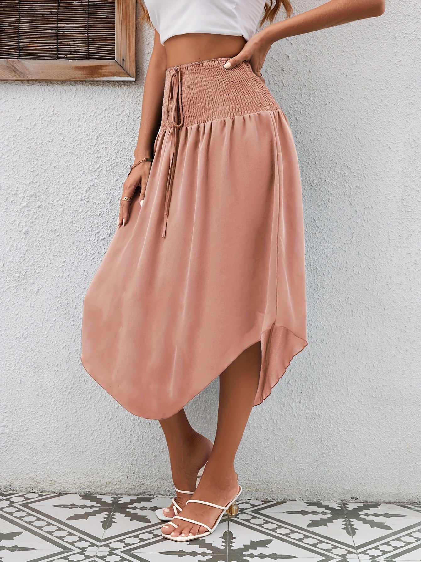 Asymmetrical Hem Tie Front Midi Skirt