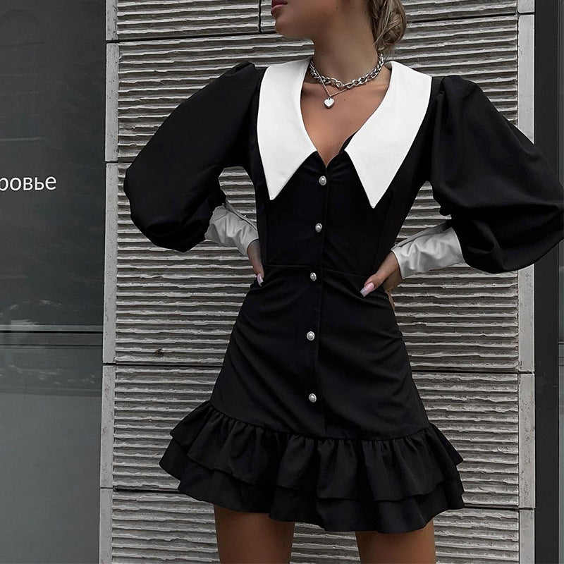 Cross-border Color Stitching Turnover Neck Socialite Style Hip Bag Dress