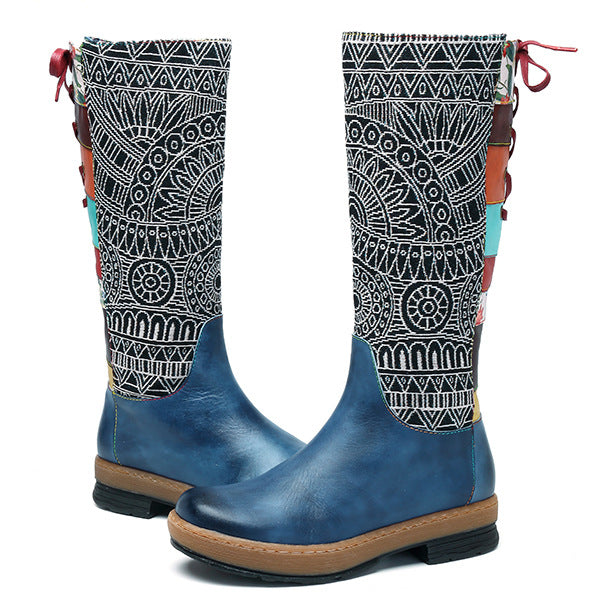 Vintage Mid-Calf Bohemian Retro Genuine Leather Printed Boots