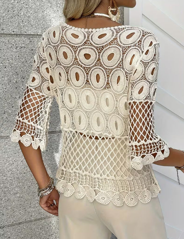 Resort-Style Sun-Protective Crochet Hollow-Out Crew-Neck Half-Sleeve Top