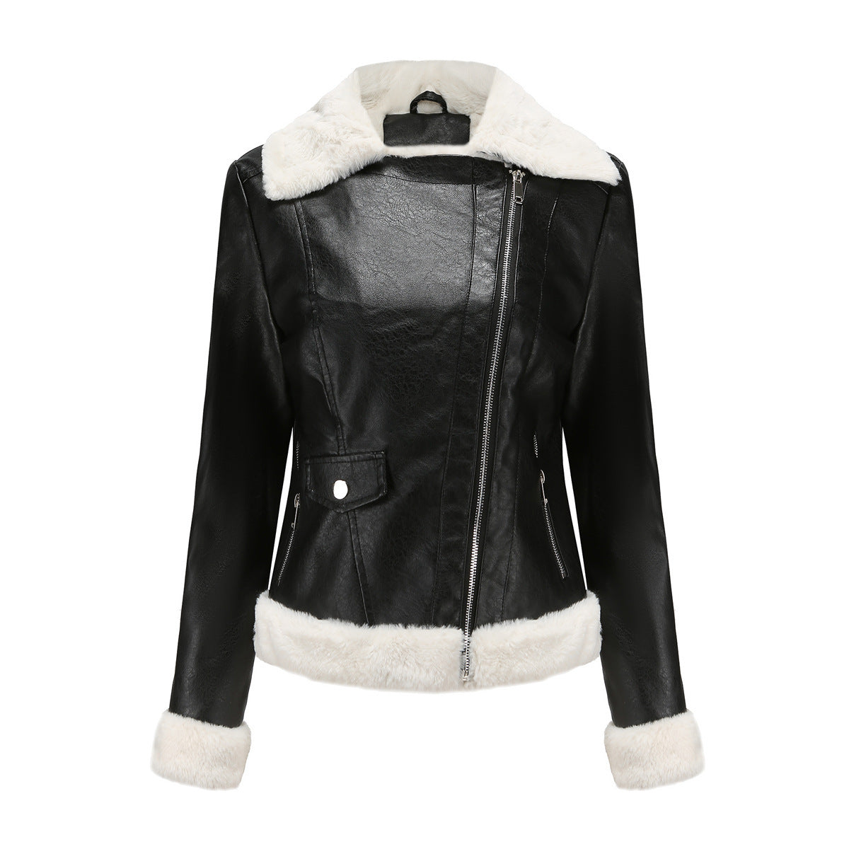 Turn-Down Collar Warm Fleece Leather Jacket