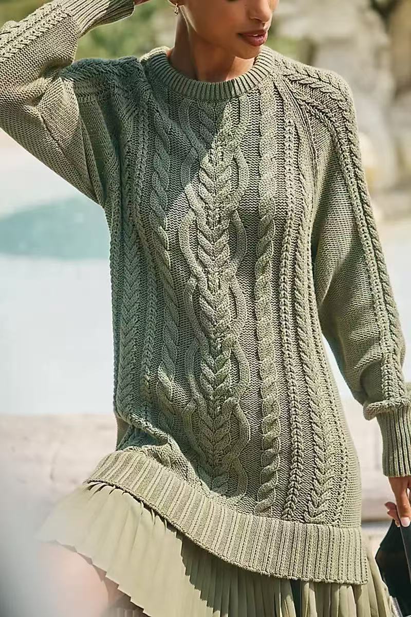 Round-Neck Twisted Knit Chiffon Spliced Sweet Mini Dress