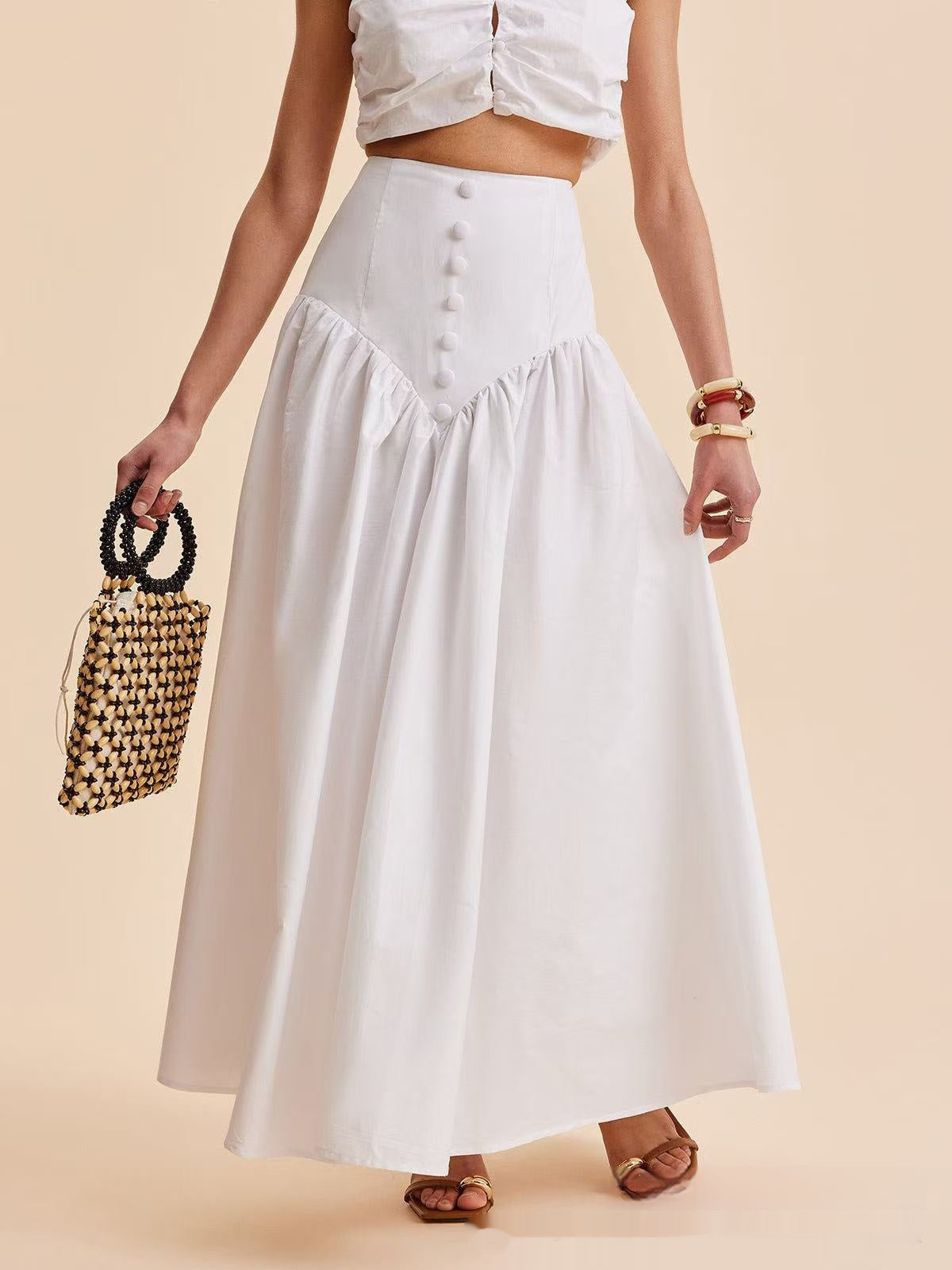 French White Stitching Clinch High-Waist Dress