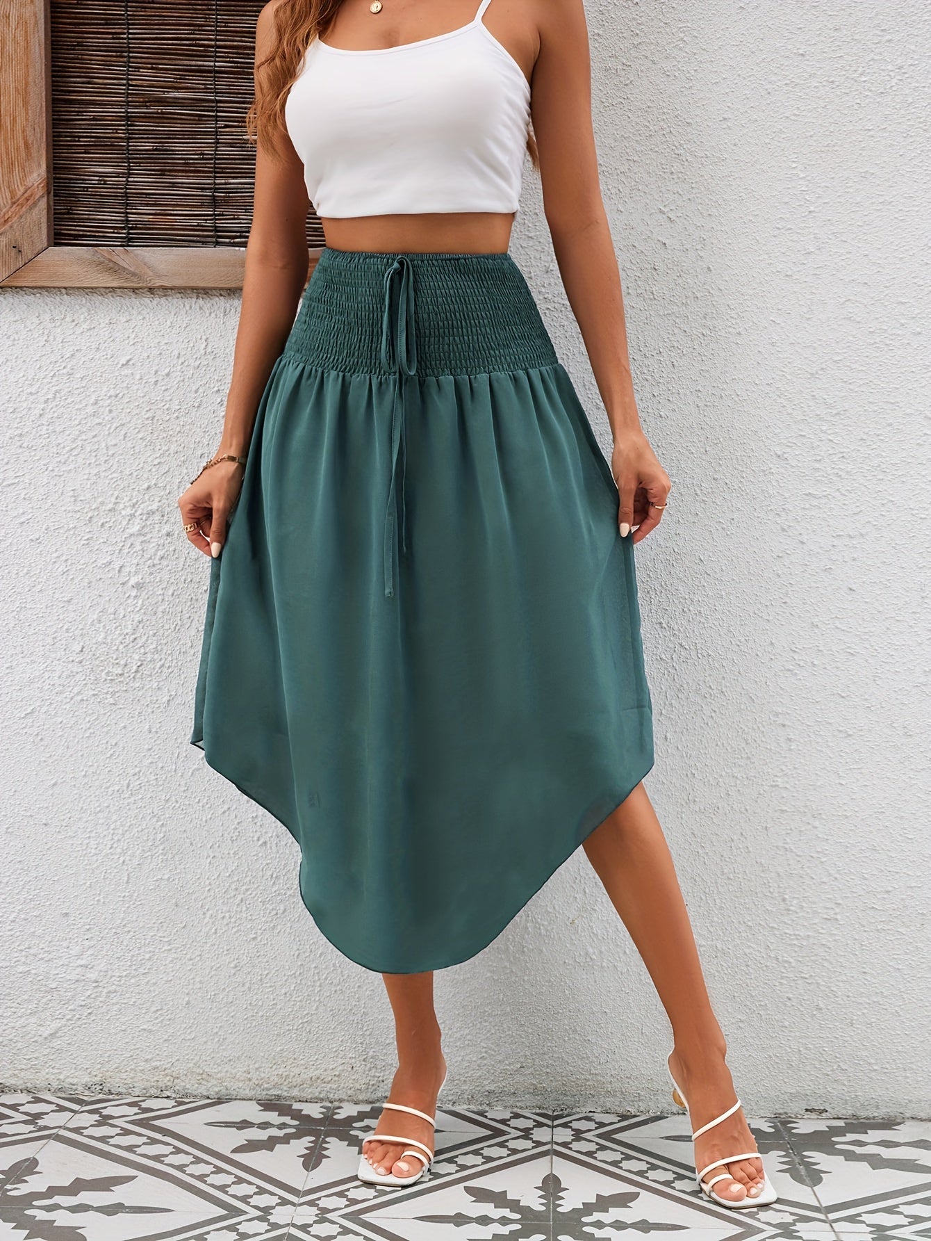 Asymmetrical Hem Tie Front Midi Skirt