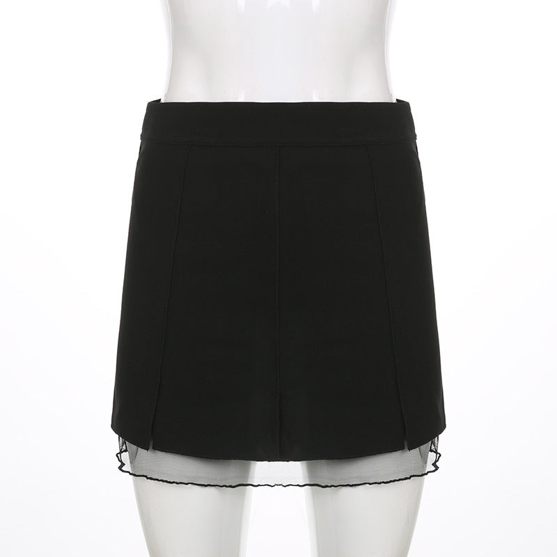Low Waist Slit Stitching Mesh Gauze Double Elastic Skirt Female
