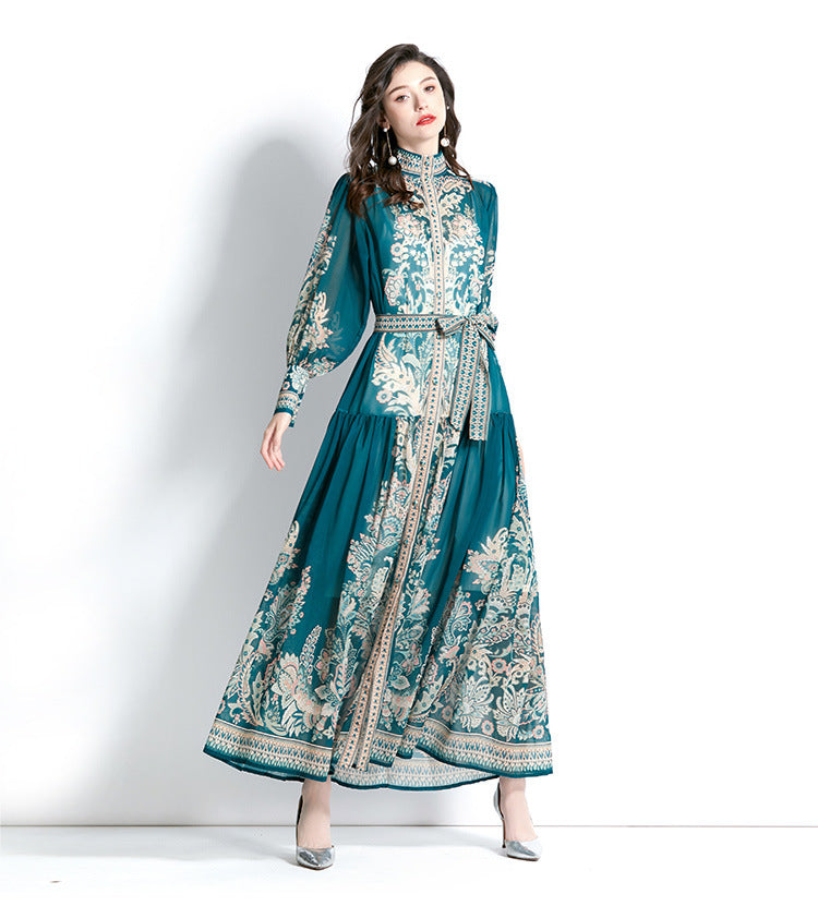 Stand-Up Collar Puff-Sleeve Lace Printing Dress