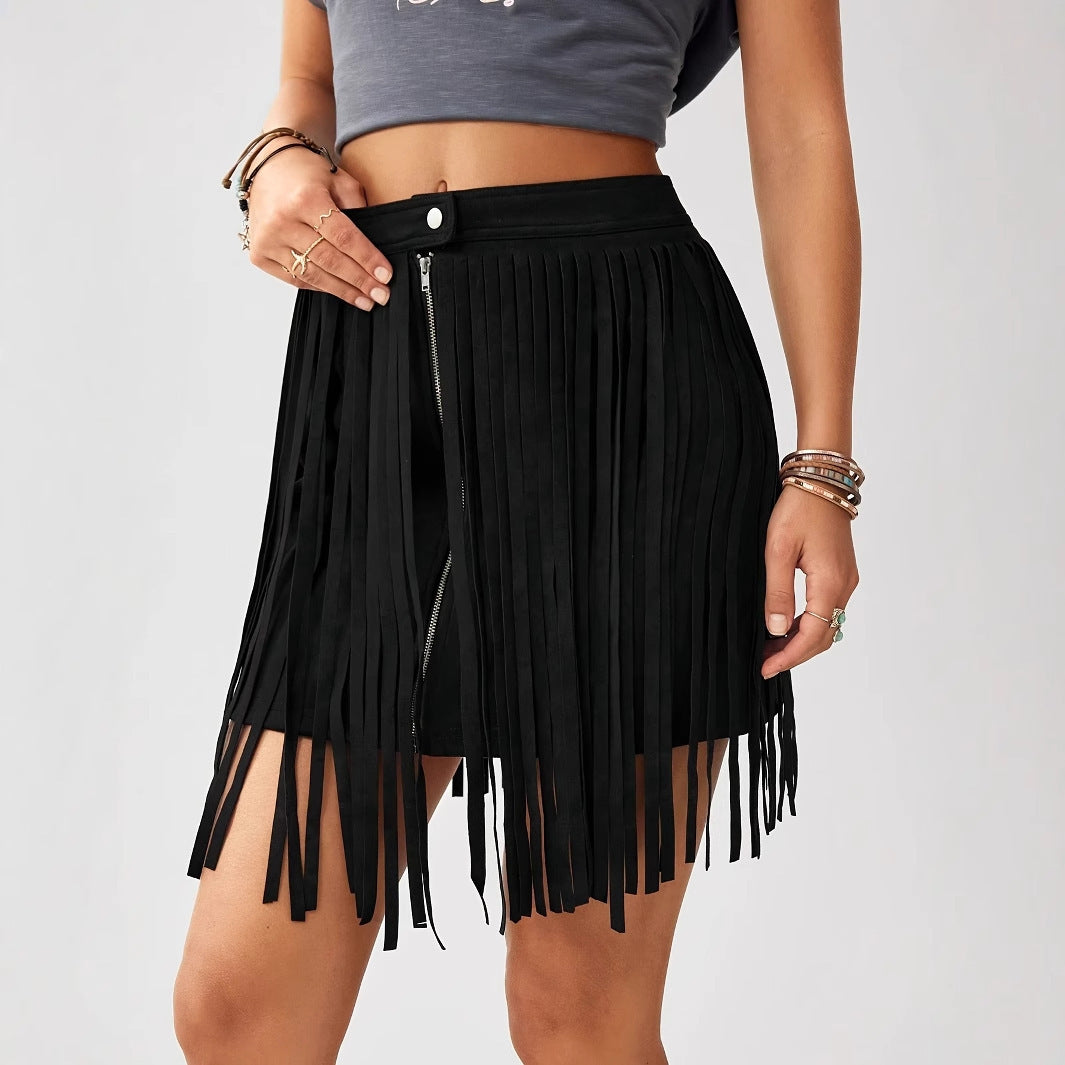 Denim-Style Tassel Front Zipper Casual Mini Skirt