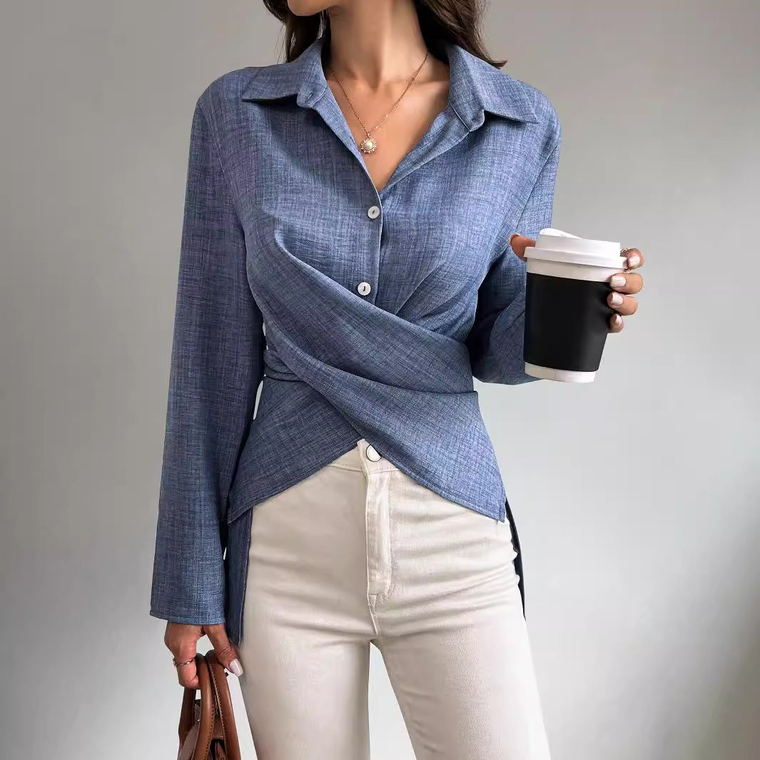 Long-Sleeved Cross-Tied Pleated Top