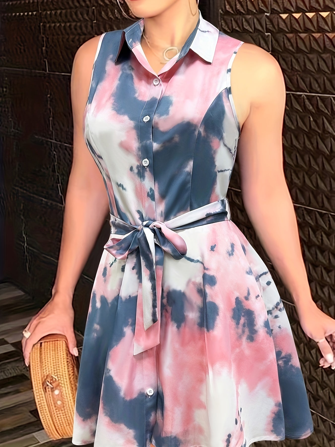 Abstract Print Button Sleeveless Dress