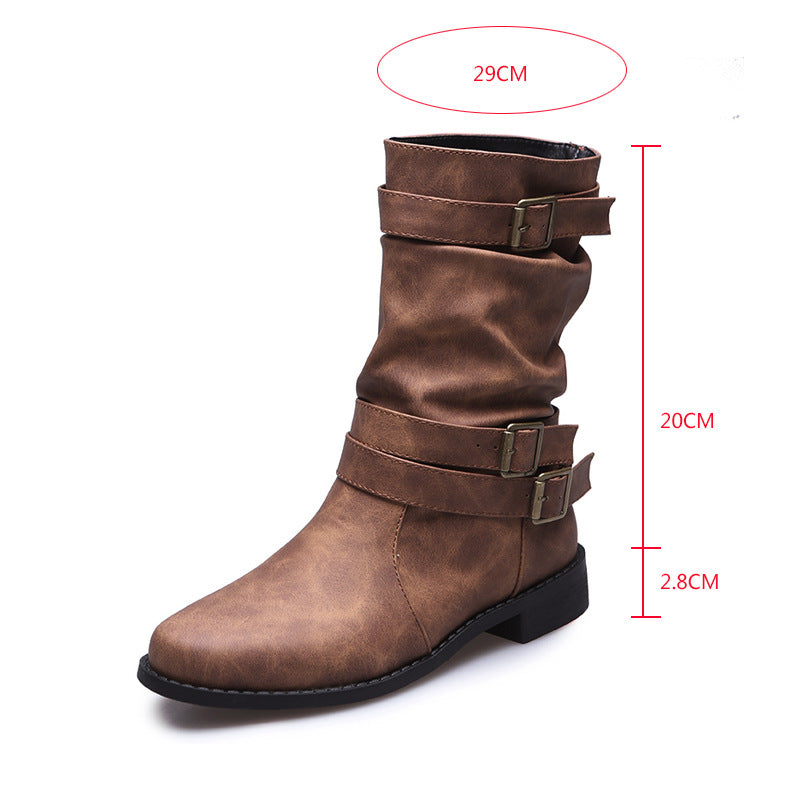 Low-Heel Vintage Adjustable-Buckle Boots