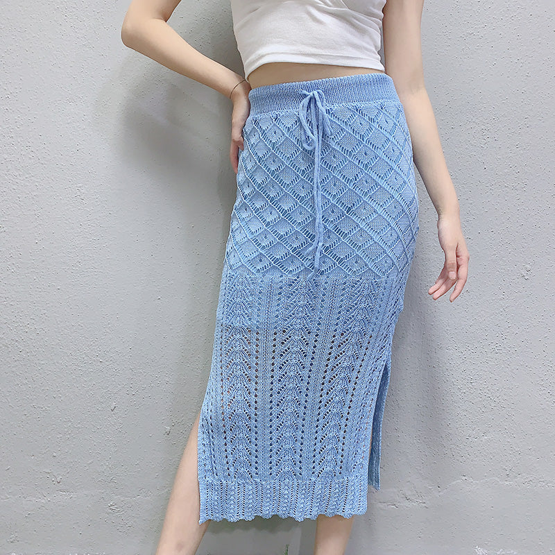 Lace-Up Knitted Mesh Skirt