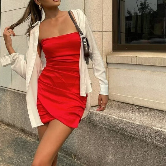 Off-Shoulder Pleated Slim-Fit Tube-Top Mini Dress