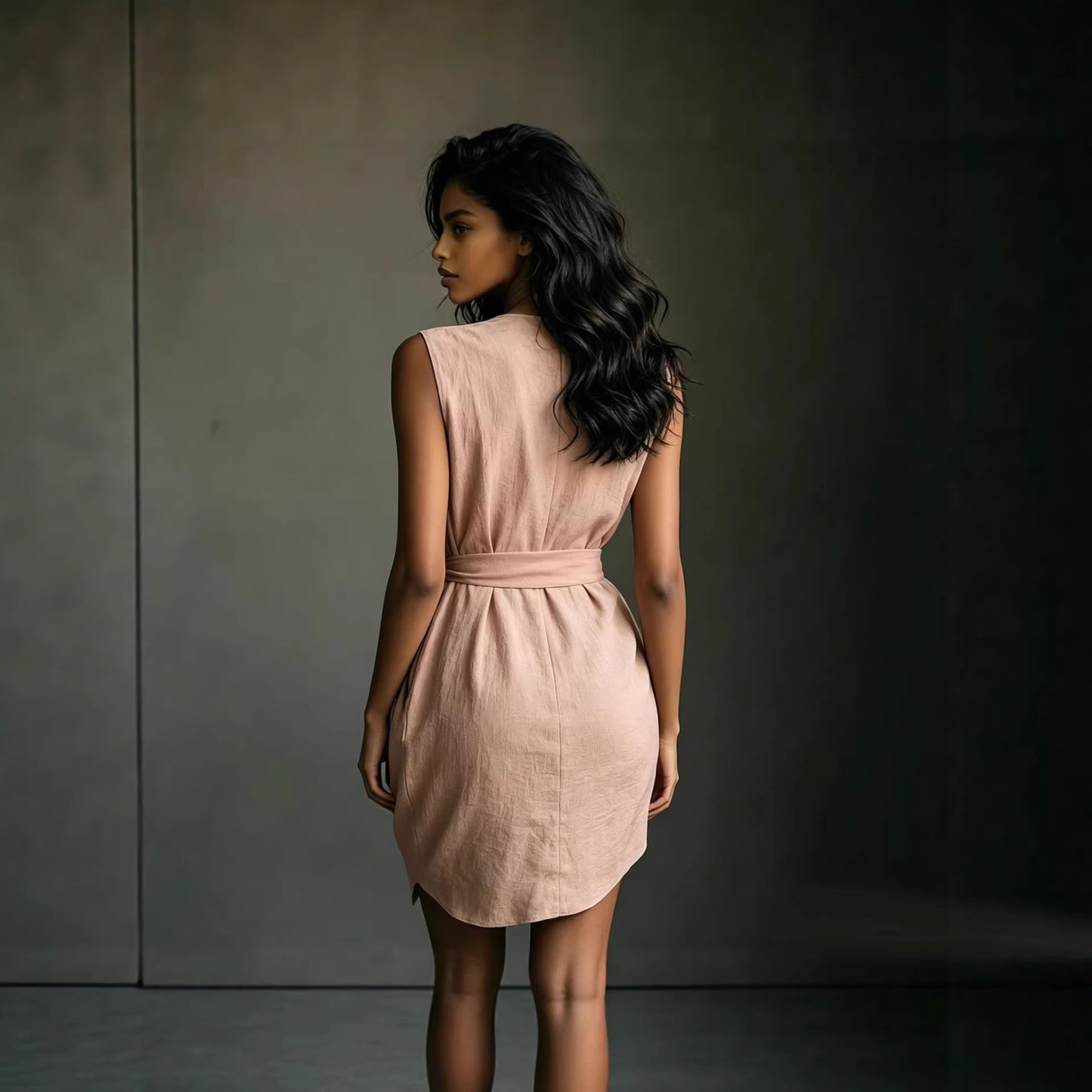 Solid Color Sleeveless Elegant V-Neck Linen Casual Dress