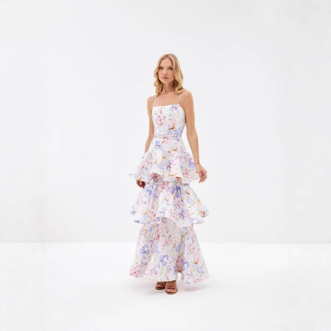 Printed Painted Belt Waist Slimming Dress