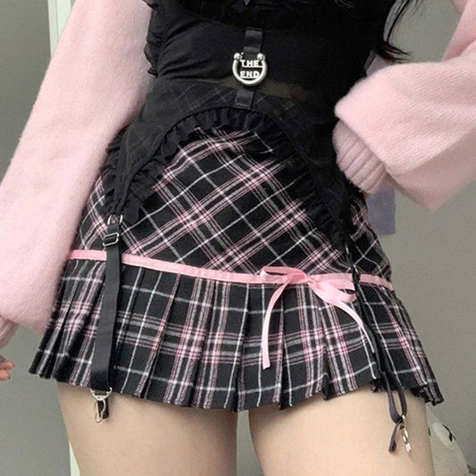 Low-Waist Plaid Retro Pleated Skirt