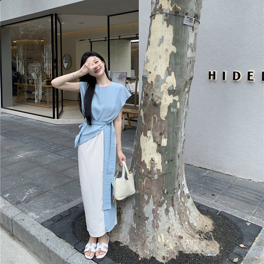 Gentle-Design Two-Piece Patchwork Cinched Tie Slim-Fit Dress