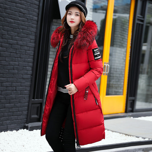 Long Hooded Fur-Collar Cotton Jacket