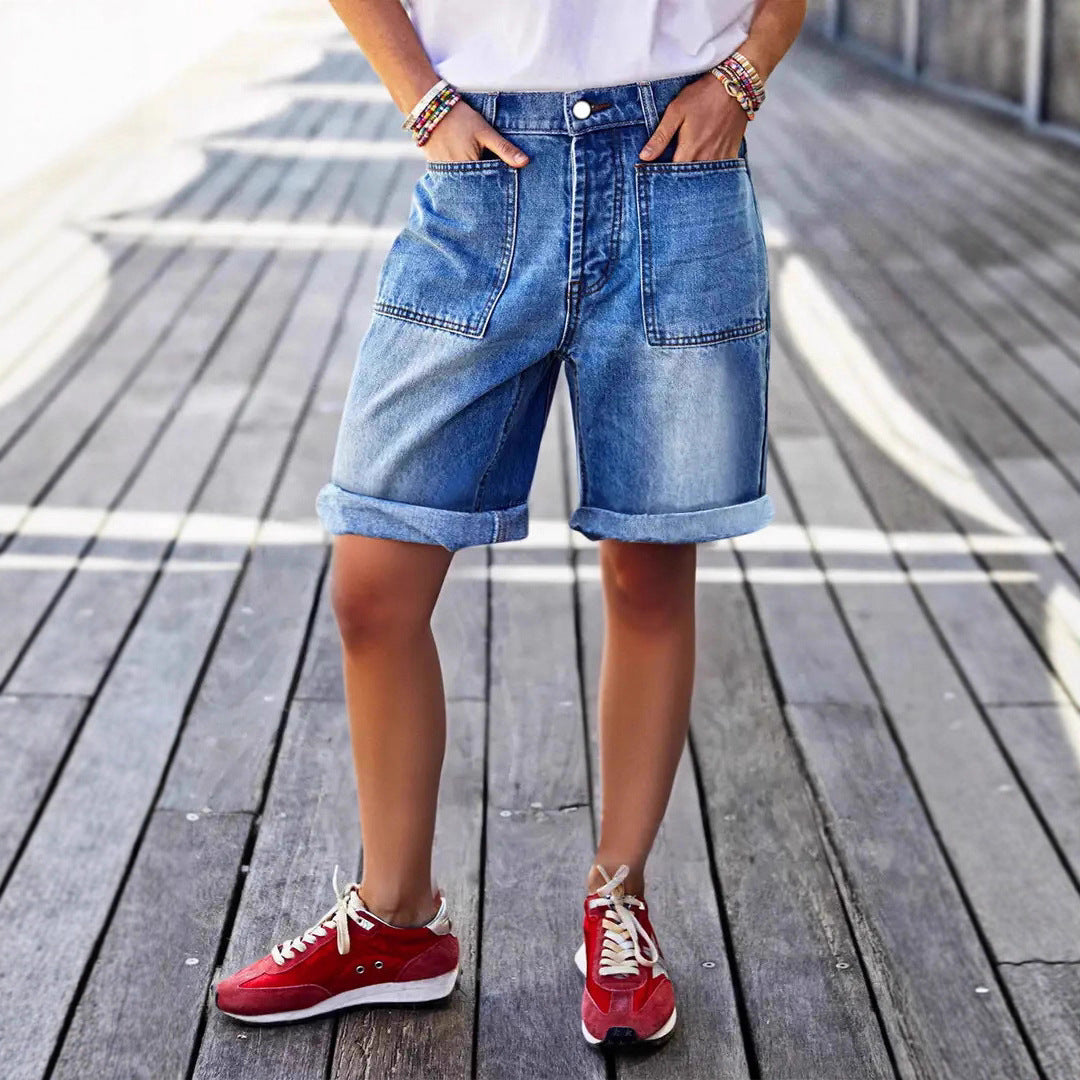 Mid-rise Bermuda Straight-leg Pants Stretchy Womens Denim Shorts