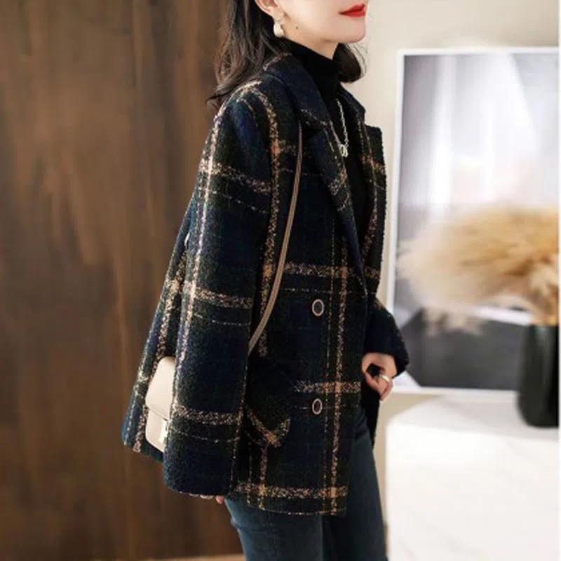 Slimming Retro Plaid Patchwork Coat - Wool Female Suit