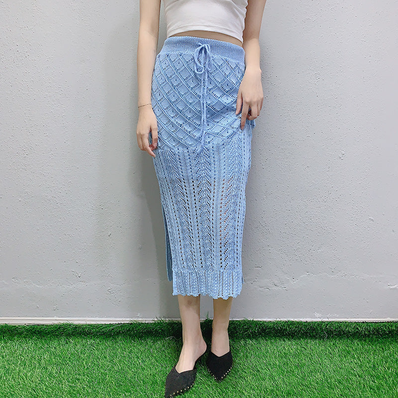 Lace-Up Knitted Mesh Skirt